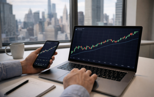 An investor checks rising cryptocurrency charts on a laptop and smartphone with a city skyline visible through the office window.